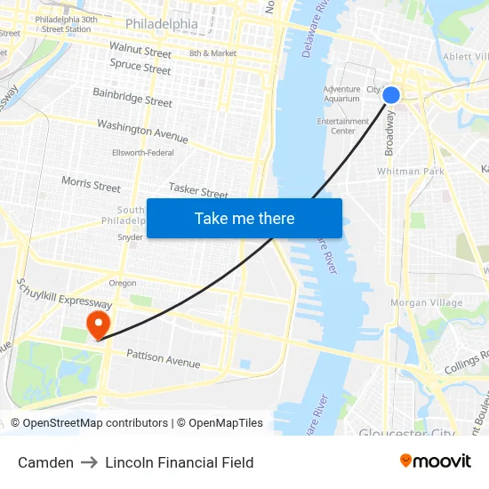 Camden to Lincoln Financial Field map