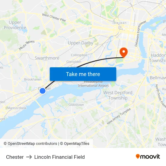 Chester to Lincoln Financial Field map