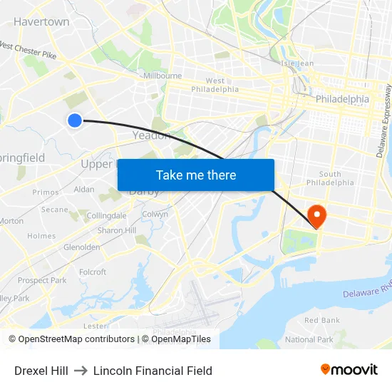 Drexel Hill to Lincoln Financial Field map
