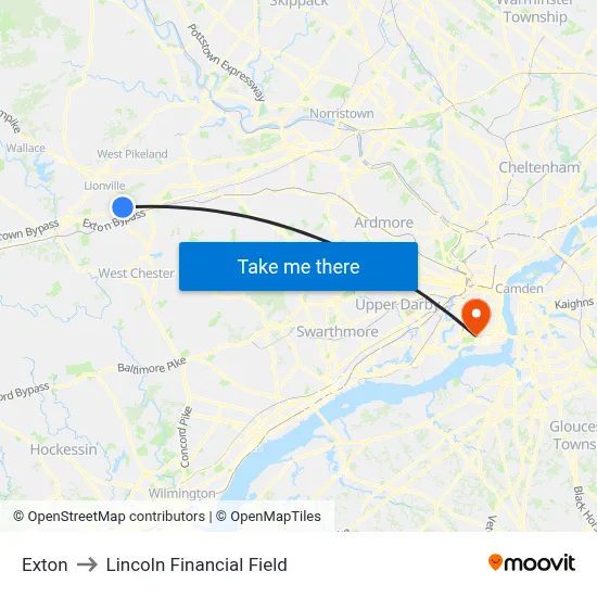Exton to Lincoln Financial Field map
