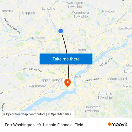 Fort Washington to Lincoln Financial Field map