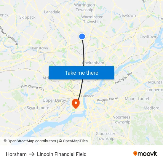 Horsham to Lincoln Financial Field map