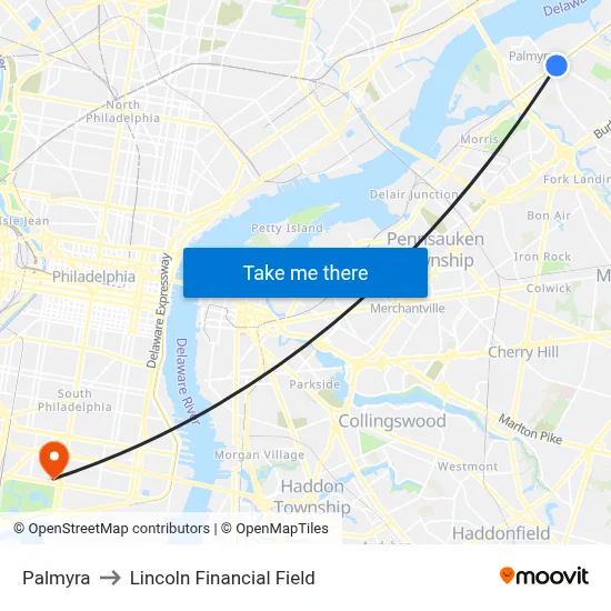 Palmyra to Lincoln Financial Field map