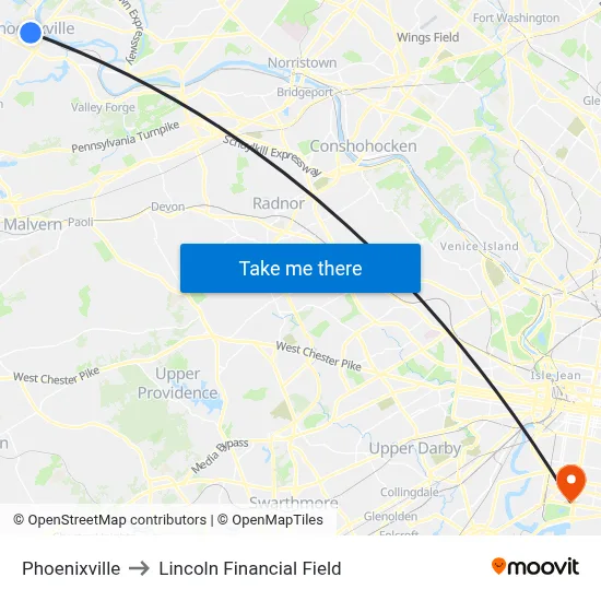 Phoenixville to Lincoln Financial Field map