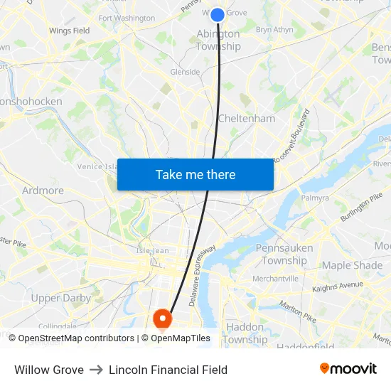 Willow Grove to Lincoln Financial Field map