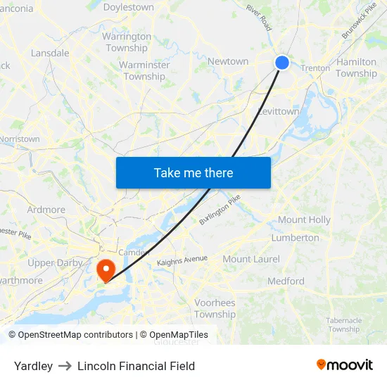 Yardley to Lincoln Financial Field map