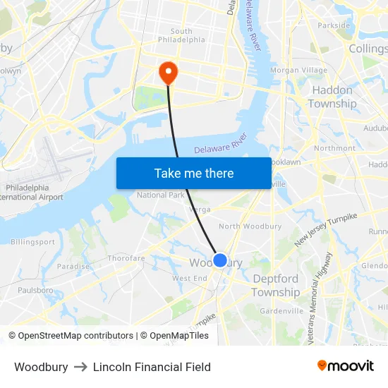 Woodbury to Lincoln Financial Field map