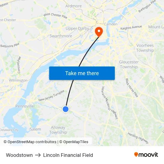 Woodstown to Lincoln Financial Field map