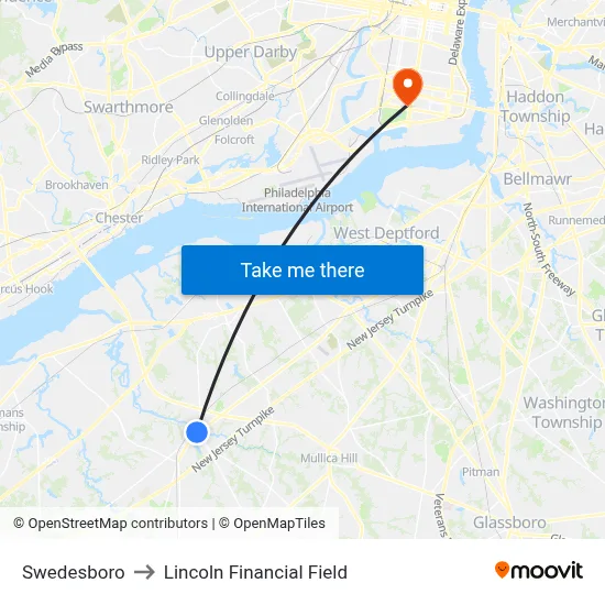 Swedesboro to Lincoln Financial Field map
