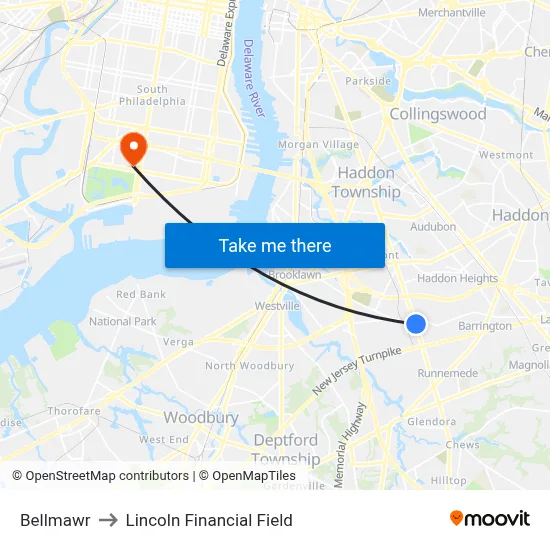 Bellmawr to Lincoln Financial Field map