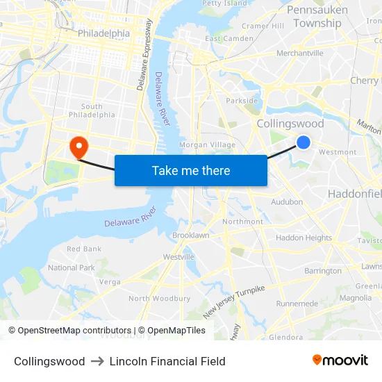 Collingswood to Lincoln Financial Field map