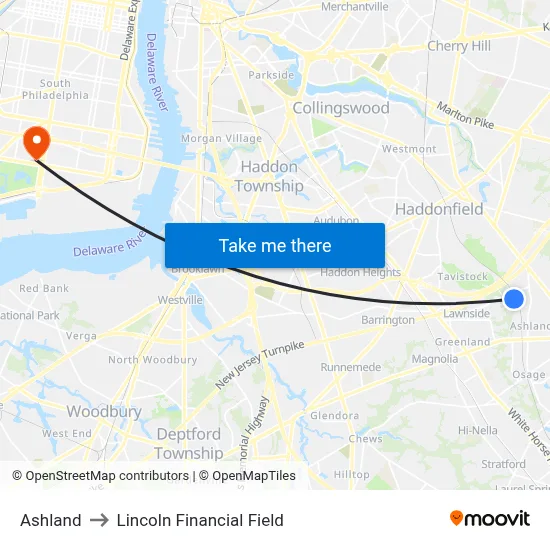 Ashland to Lincoln Financial Field map