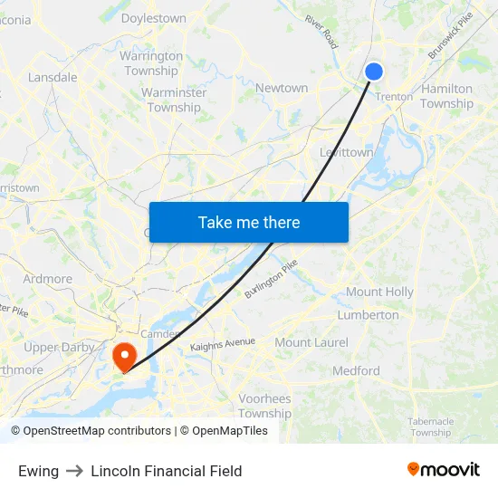 Ewing to Lincoln Financial Field map