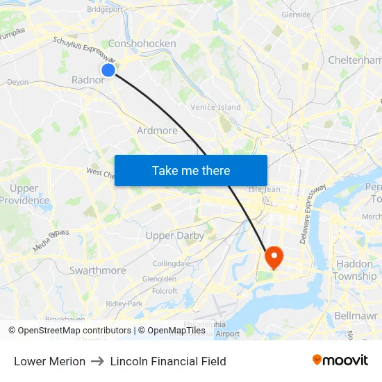 Lower Merion to Lincoln Financial Field map
