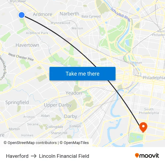 Haverford to Lincoln Financial Field map