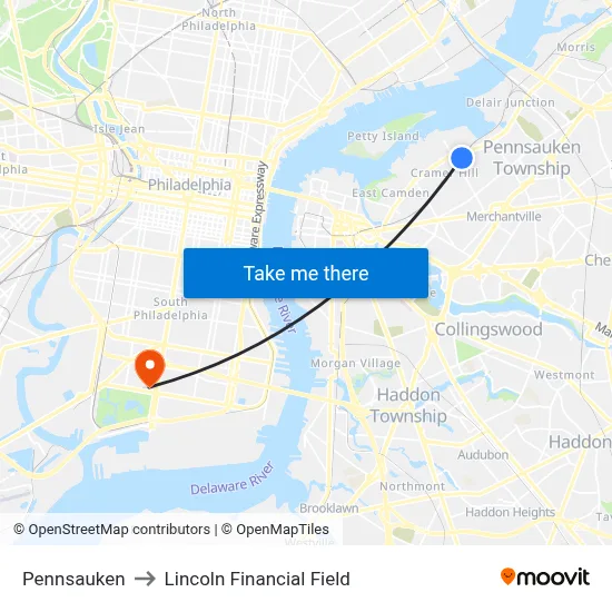 Pennsauken to Lincoln Financial Field map