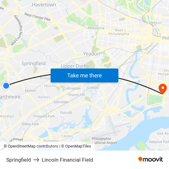Springfield to Lincoln Financial Field map