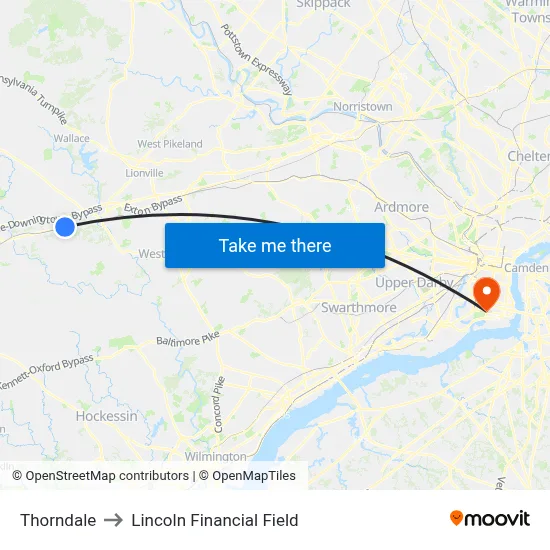Thorndale to Lincoln Financial Field map