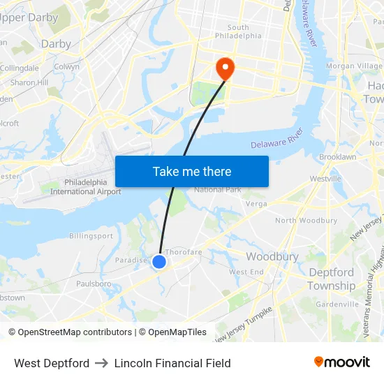 West Deptford to Lincoln Financial Field map