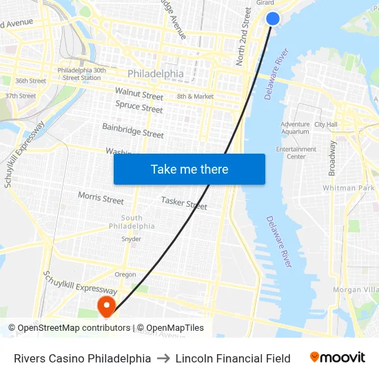 Rivers Casino Philadelphia to Lincoln Financial Field map