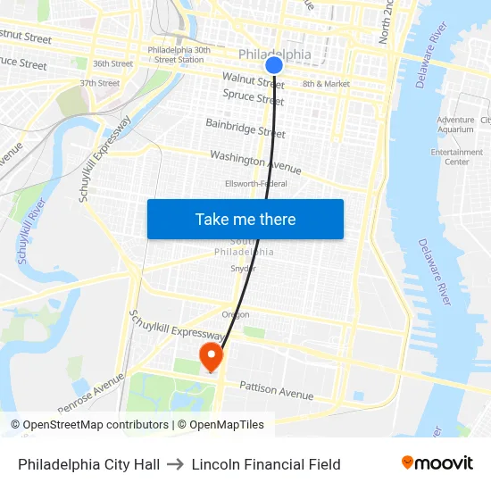 Philadelphia City Hall to Lincoln Financial Field map