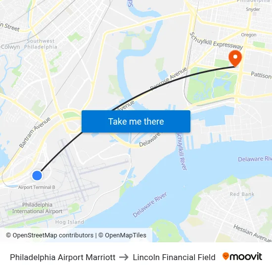 Philadelphia Airport Marriott to Lincoln Financial Field map