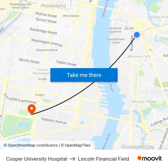 Cooper University Hospital to Lincoln Financial Field map