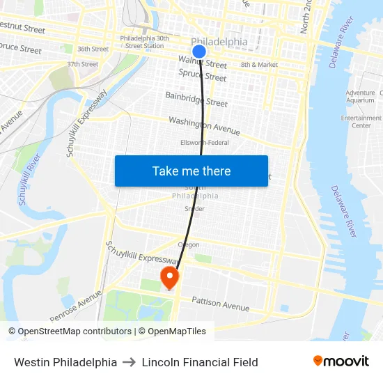Westin Philadelphia to Lincoln Financial Field map