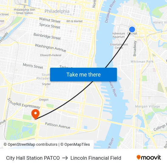 City Hall Station PATCO to Lincoln Financial Field map