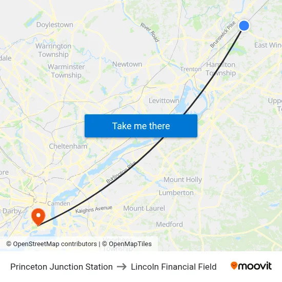 Princeton Junction Station to Lincoln Financial Field map