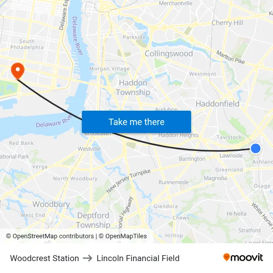 Woodcrest Station to Lincoln Financial Field map