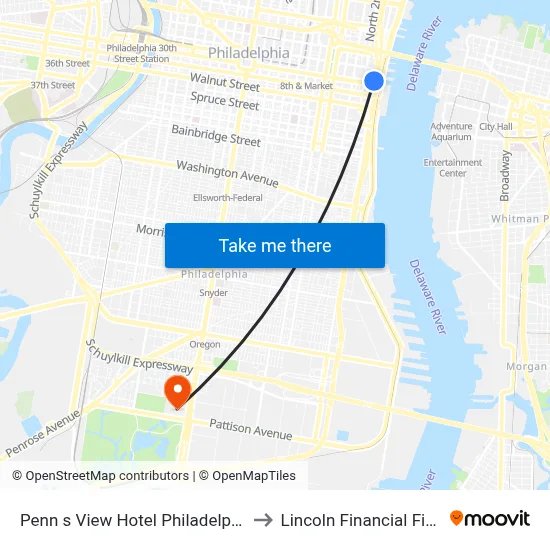 Penn s View Hotel Philadelphia to Lincoln Financial Field map