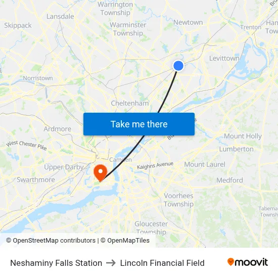 Neshaminy Falls Station to Lincoln Financial Field map
