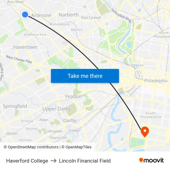 Haverford College to Lincoln Financial Field map