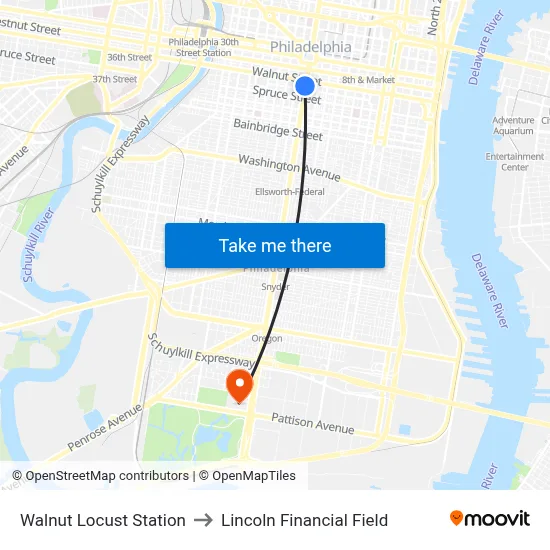Walnut Locust Station to Lincoln Financial Field map