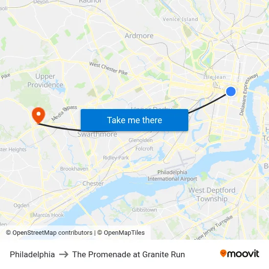 Philadelphia to The Promenade at Granite Run map