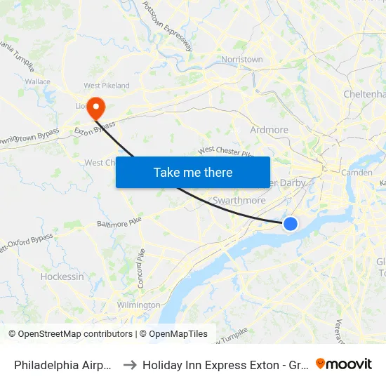 Philadelphia Airport PHL to Holiday Inn Express Exton - Great Valley map