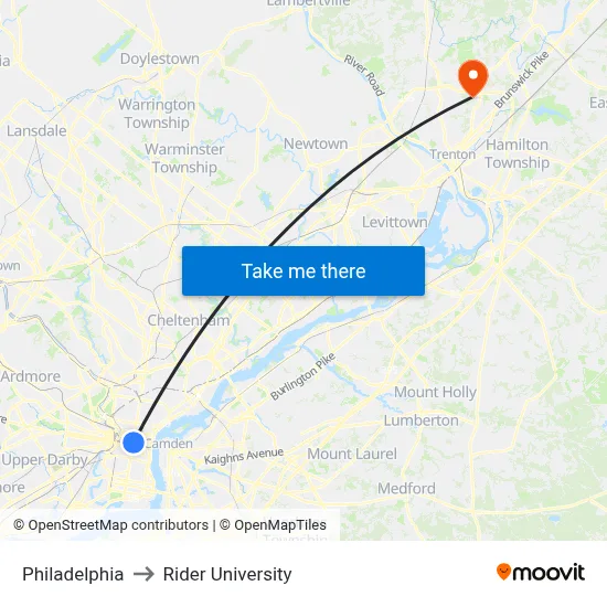 Philadelphia to Rider University map