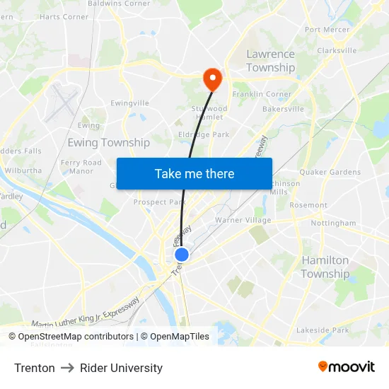 Trenton to Rider University map