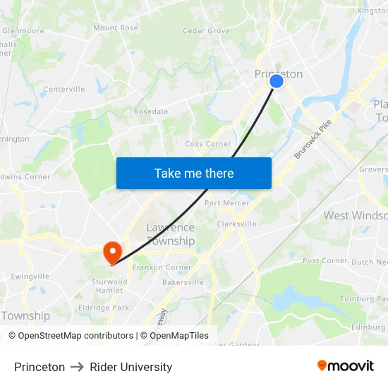 Princeton to Rider University map