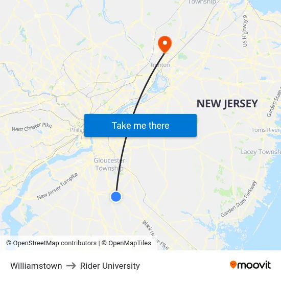 Williamstown to Rider University map