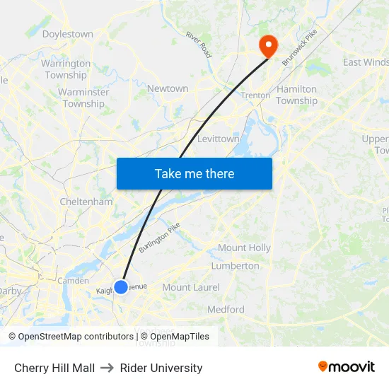 Cherry Hill Mall to Rider University map