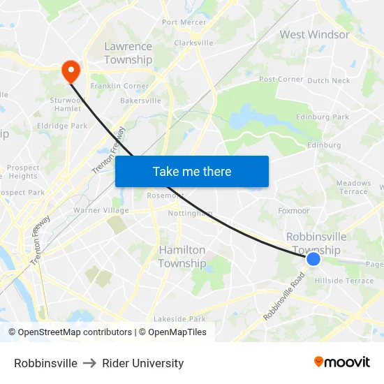 Robbinsville to Rider University map