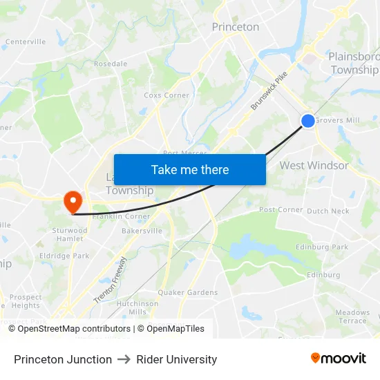 Princeton Junction to Rider University map
