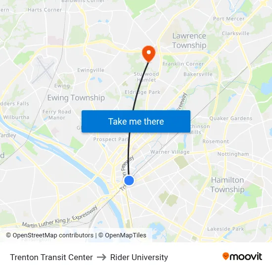 Trenton Transit Center to Rider University map