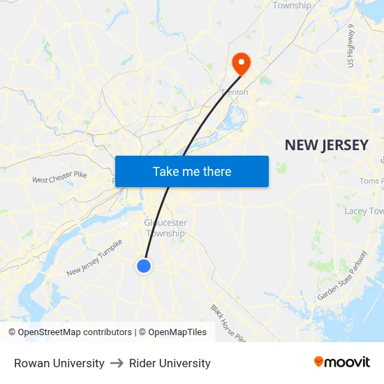 Rowan University to Rider University map