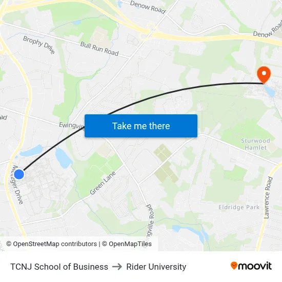 TCNJ School of Business to Rider University map