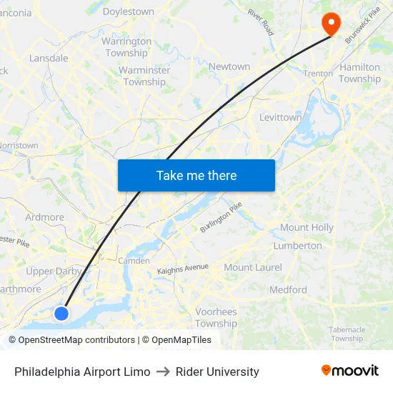 Philadelphia Airport Limo to Rider University map