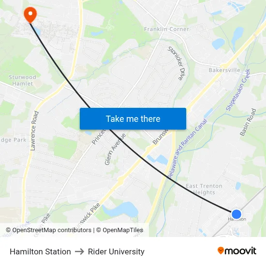 Hamilton Station to Rider University map