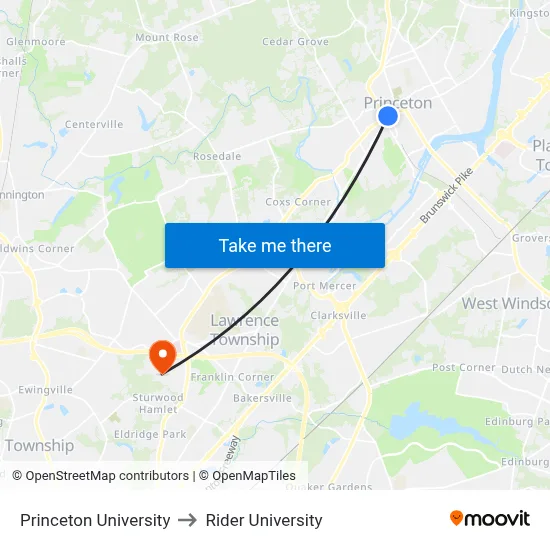 Princeton University to Rider University map